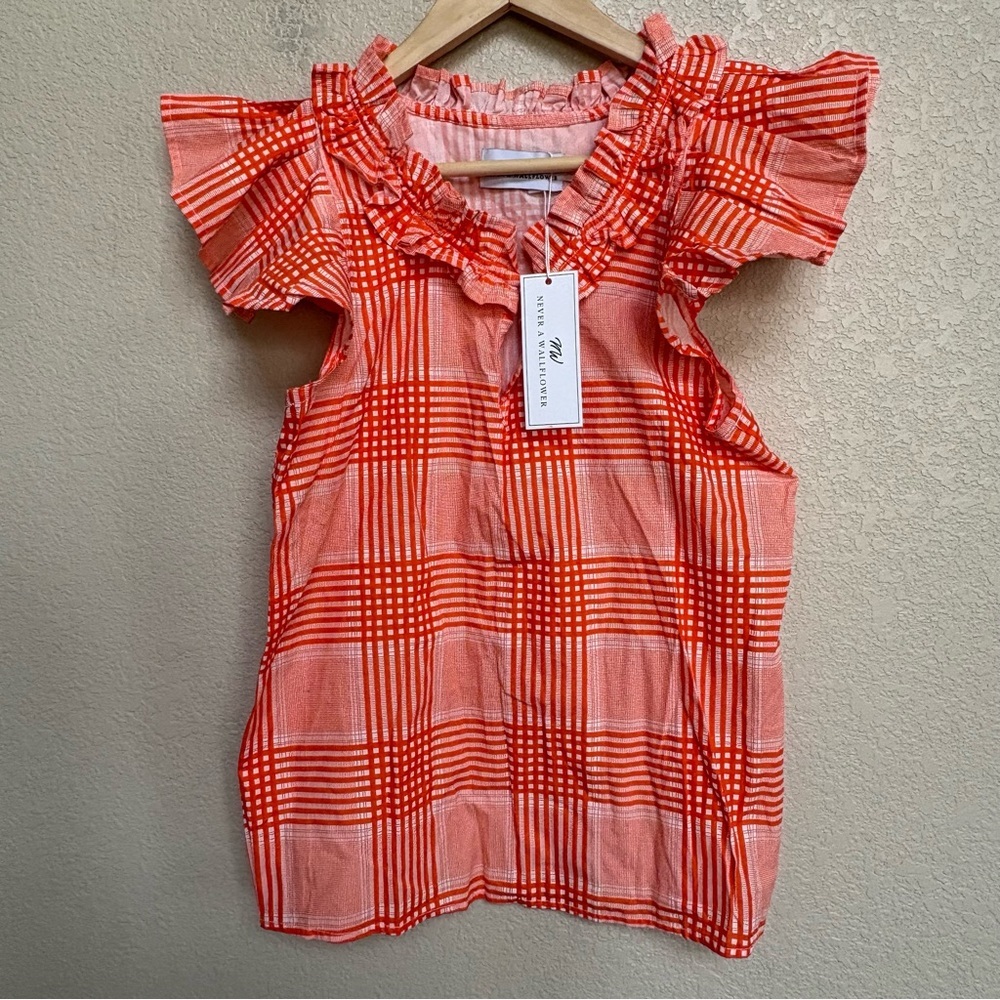 NWT Never A Wallflower Peasant Top Blouse Bright Orange Plaid Cotton Size XS